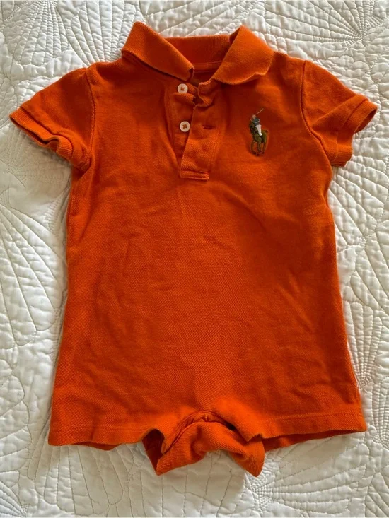 Ralph Lauren Orange Short-Sleeve Polo Romper with Embroidered pony 9 months