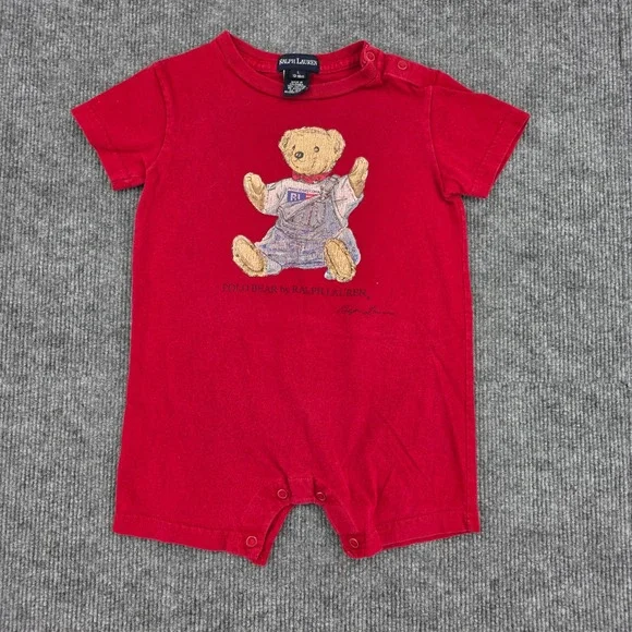 Ralph Lauren Polo Bear Red Romper Baby 12-18 Month Cotton Short Sleeve One Piece
