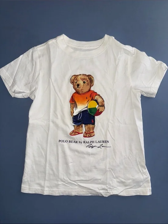 Ralph Lauren White Tee with Polo Bear Holding Beach Ball