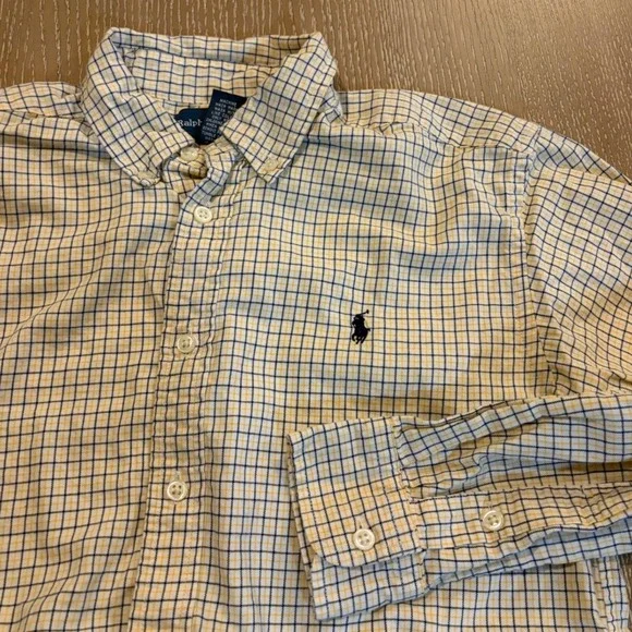 Ralph Lauren Boy Size L (14-16) Yellow Blue Plaid Button Front Long Sleeve Shirt