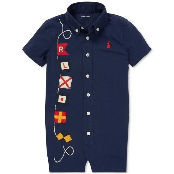 Ralph Lauren Boy 18 mon Short Sleeve Button Up Romper with Nautical Flag Patches