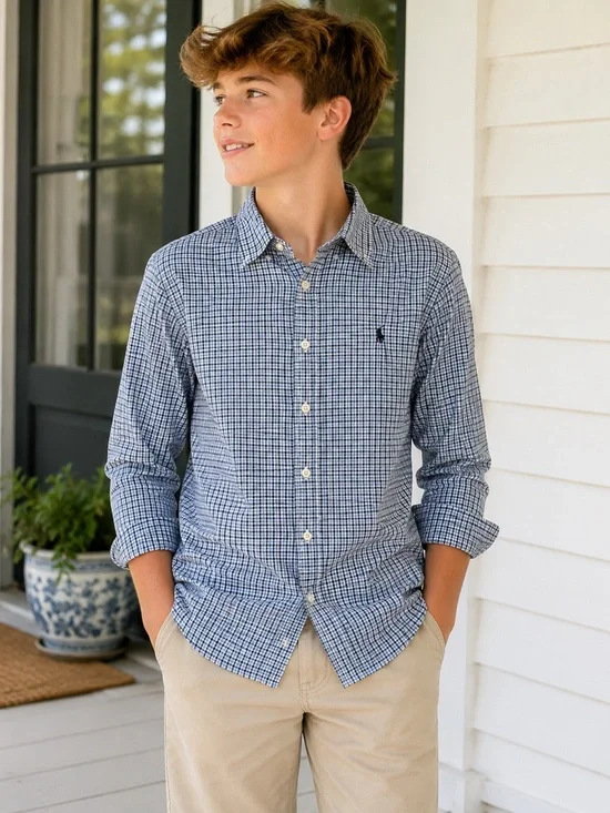 Ralph Lauren Boys Blue Gingham Button-Down Shirt Youth Large 14-16 Cotton Preppy