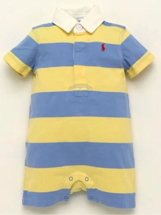 Ralph Lauren Baby Striped Rugby Shortall Romper Yellow Blue 9M Pony Logo NWT