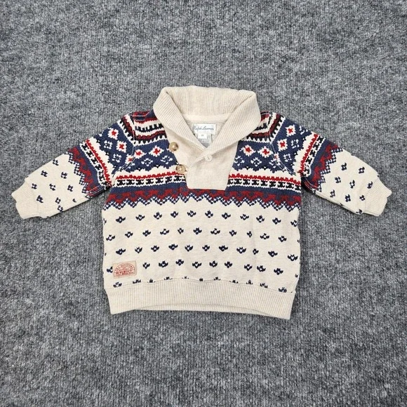 Ralph Lauren Infant Boys 6M Fair Isle Shawl Collar Pullover Sweater Fleece Cream