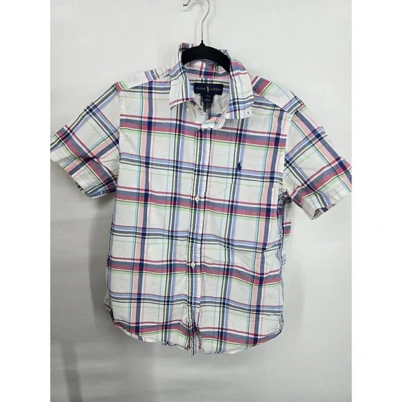 Ralph Lauren Boys Large 14-16 Plaid Short Sleeve Button Down Shirt Multi-Color