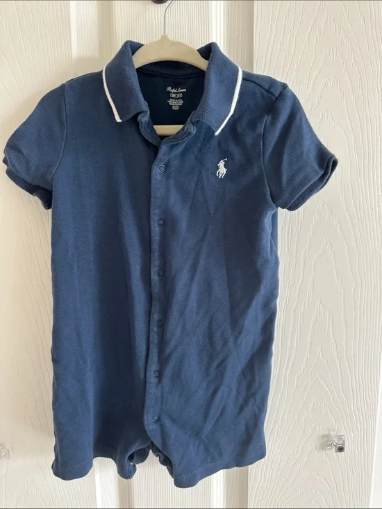 Ralph Lauren Navy Blue Polo Snap Romper with White Pony