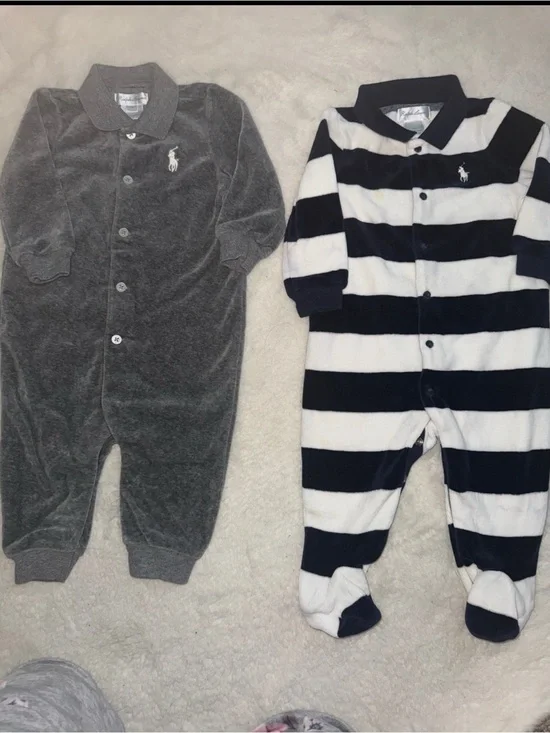 Ralph Lauren Baby Footed One-Piece Set - Gray & Navy/White Stripe