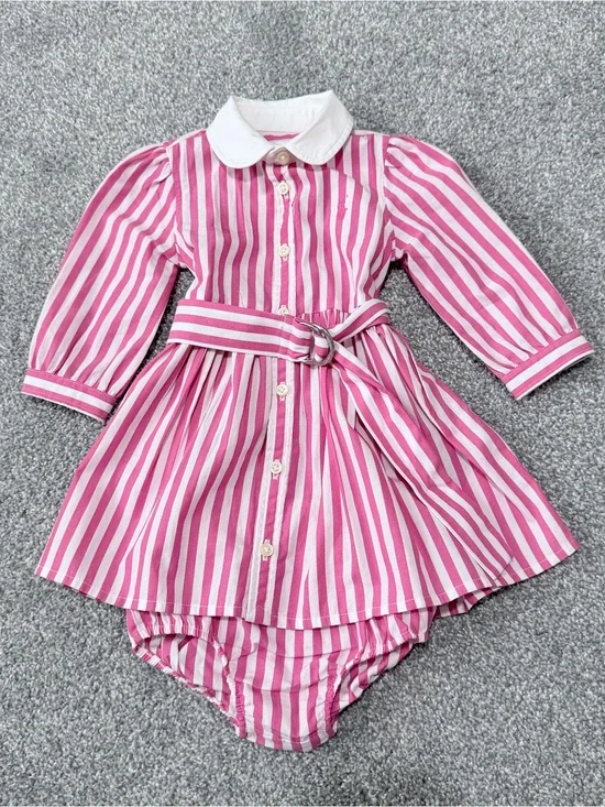 Ralph Lauren Pink and White Striped Baby Dress with Collar