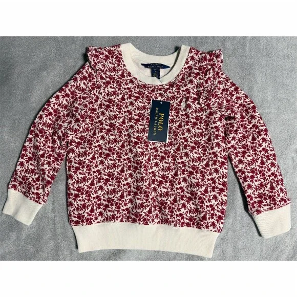 Polo Ralph Lauren Girls Red Floral Ruffle Crewneck Sweatshirt Size 4