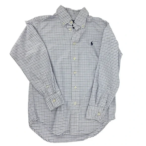 Ralph Lauren Button Down Shirt Boys 10 White Blue Check Preppy Academic Classic‎