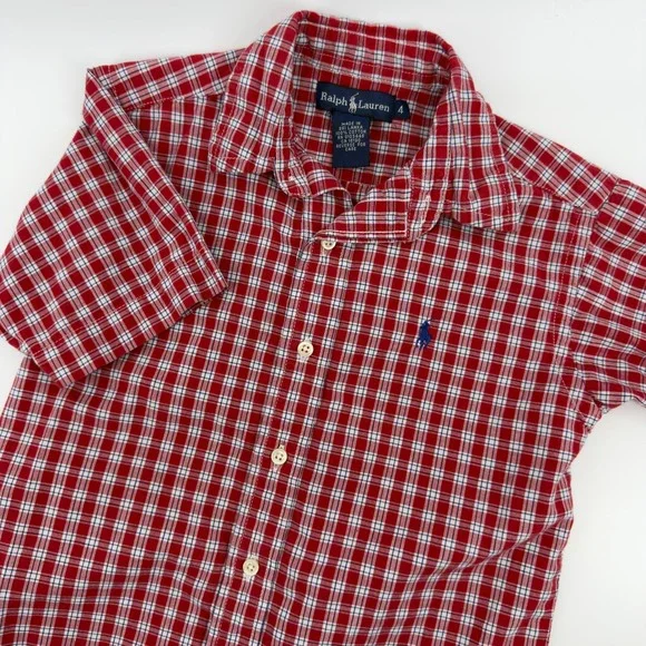 Ralph Lauren Kids Plaid Short Sleeve Button Up‎ Shirt Red White Blue Size 4