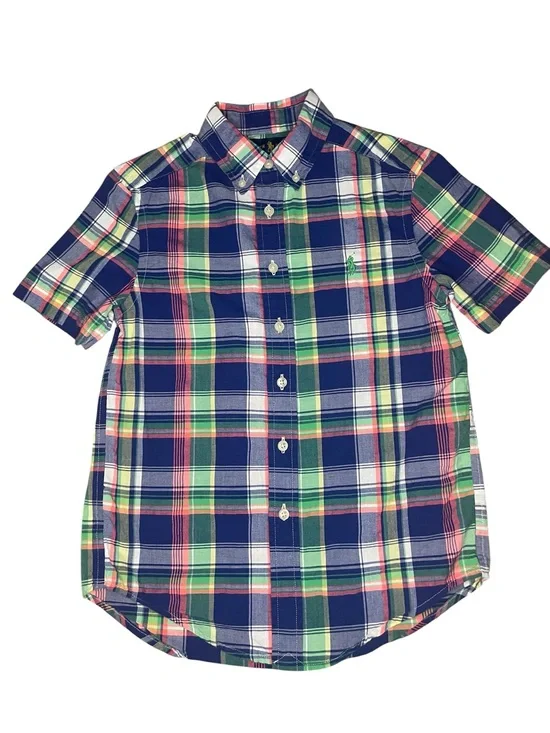 Ralph Lauren Short Sleeve Navy, Green & Pink Plaid Button-Down Shirt-Boys Small