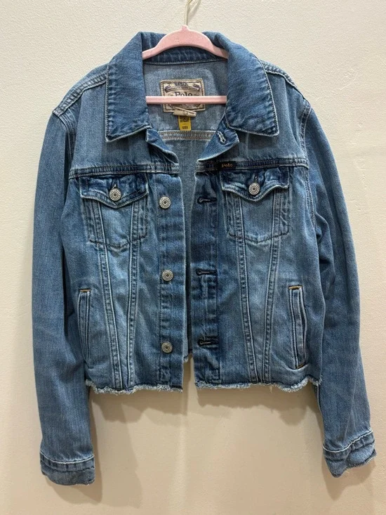 Polo Ralph Lauren Girls Denim Jacket Size 150 Raw Hem Logo Back
