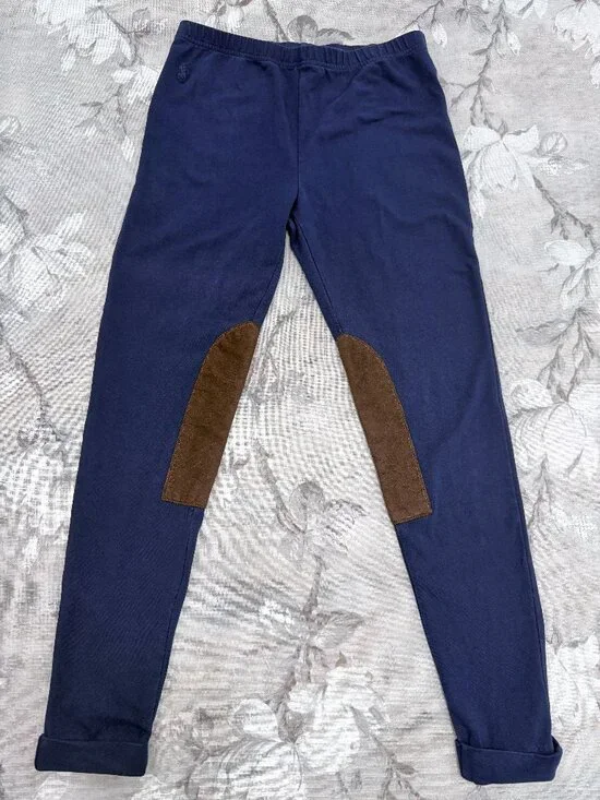 Ralph Lauren Navy Equestrian Leggings XL Girl's 16 Brown Knee Patch Riding Pants