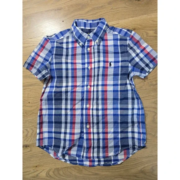 Ralph Lauren Kids Blue Red White Plaid Short Sleeve Button Down Shirt Size 6