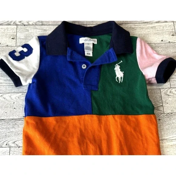 Ralph Lauren Baby Romper One Piece 9 Months Color Block Big Pony Rugby Style EUC