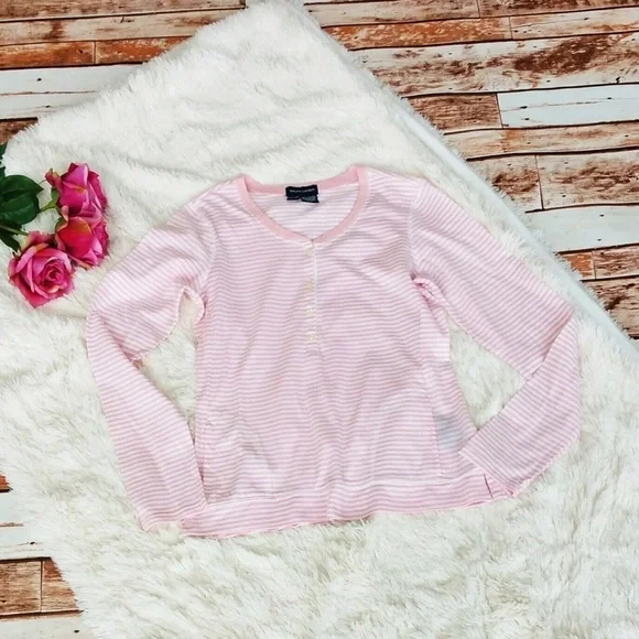 Long Sleeve Striped Split Hem Henley With Pockets