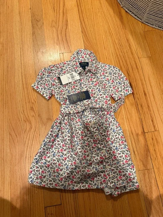 Ralph Lauren White Floral Cotton Shirt Dress with Pink & Blue Flowers