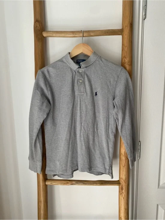 Polo Ralph Lauren Kids Long Sleeve Gray Polo Shirt Navy Embroidered Pony Logo