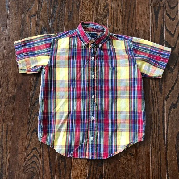Ralph Lauren Boys 6 Yellow/Red/Blue Plaid Short-Sleeved Cotton Button-Down Shirt