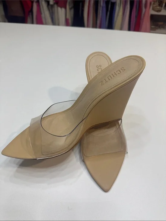 SCHUTZ Nude Clear Strap Pointed Wedge Sandals