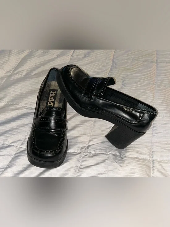 Vintage Mudd Y2K Black Chunky Block Heel Platform Loafer Shoes Size 9.5 90’s