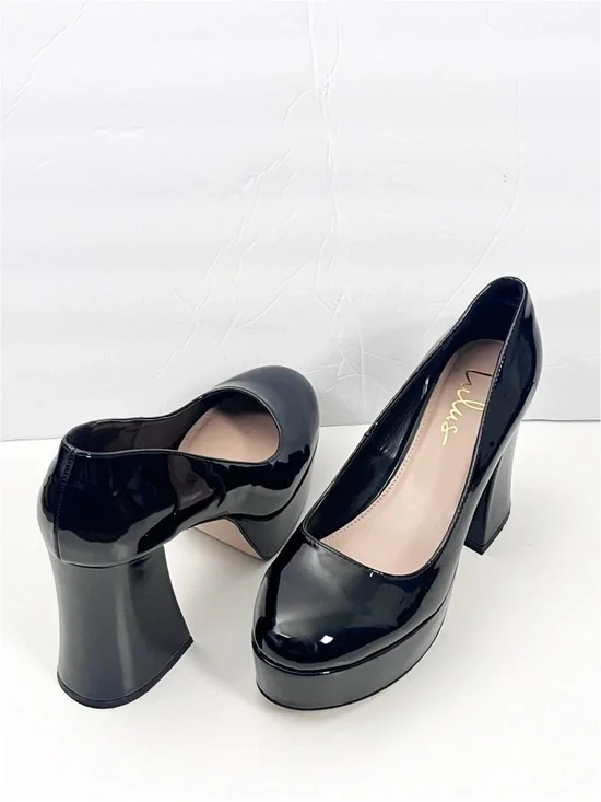 LULUS Joanah Black Patent Leather Round Toe Chunky Platform Block Heels Size 9