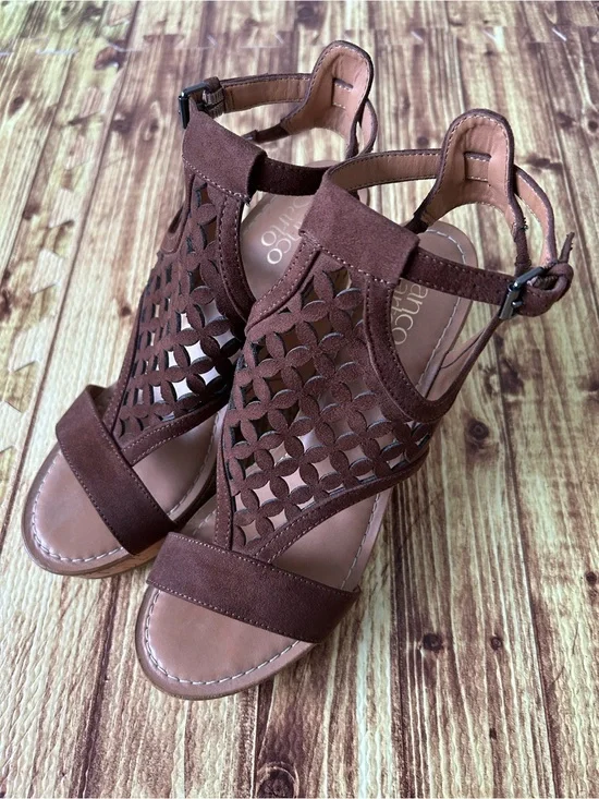 Franco Sarto Women's Brown Cutout Suede and Cork platform Heeled Sandals