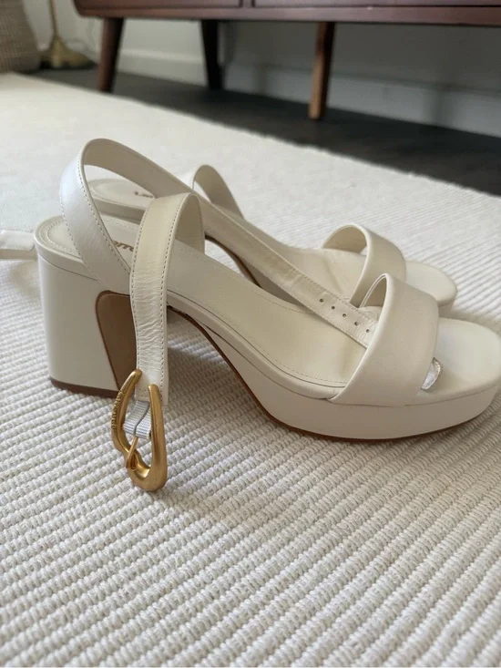 Larroude Cream Platform Slingback Heels with Gold Buckle