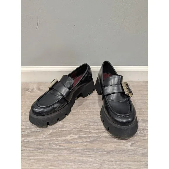 Zara Women's Back Loafers Chunky Platform Metal Buckle Shoes Y2K Slip-ons Sz 38