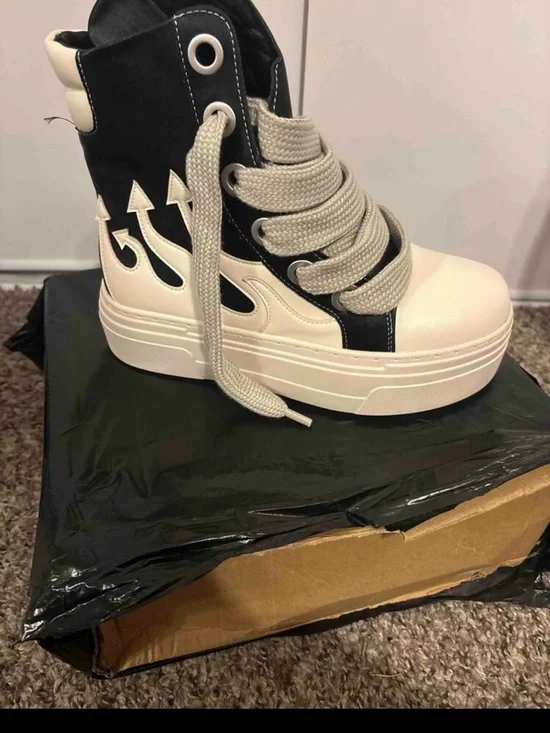 Black & Cream Platform High-Top Sneakers with Flame Detail