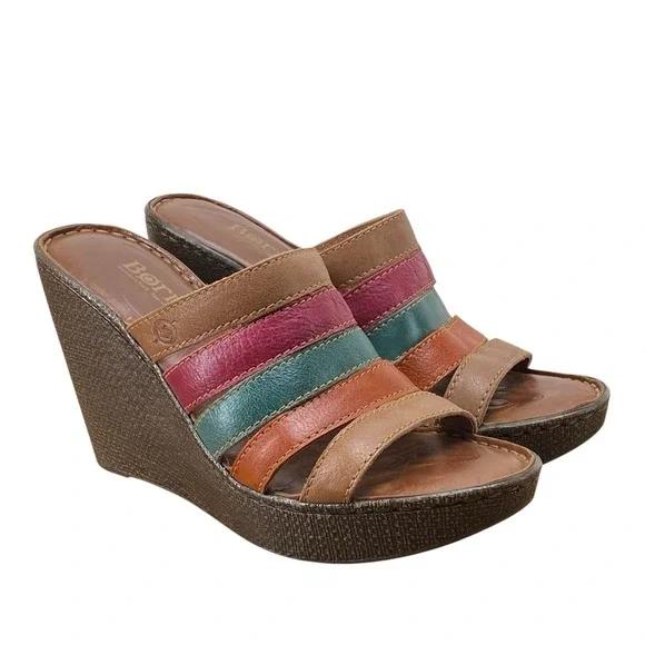 Born Kumi Platform Leather Multi‎ Strap Wedge Sandals Women's Size 8 M
