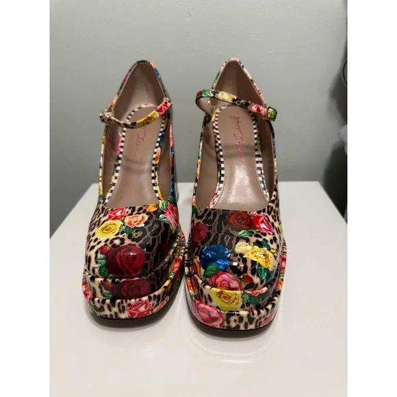 Betsey Johnson Blondie Mary Jane Pumps Womens 10 Multi Leopard Floral Good Heel