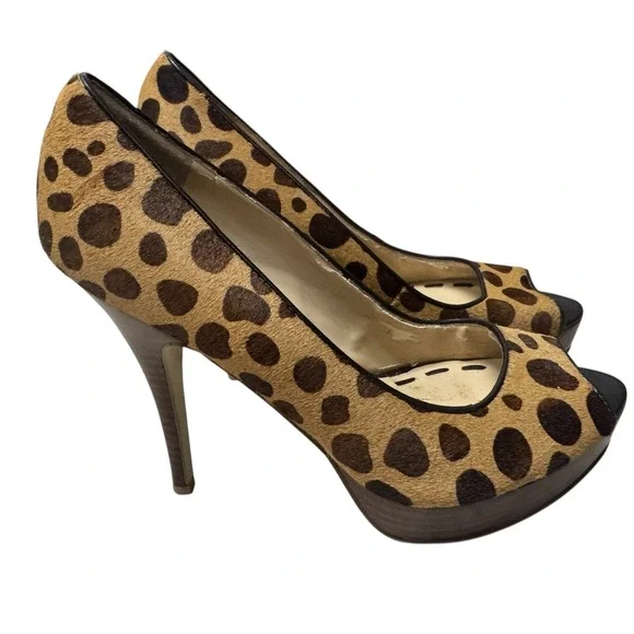 Enzo Angiolini Leopard Calf Hair Platform Peep Toe Heels Brown Tan Size‎ 6M