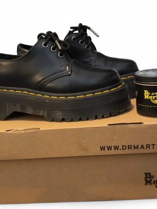 Dr. Martens Black Leather Platform Derby with Yellow Stitching