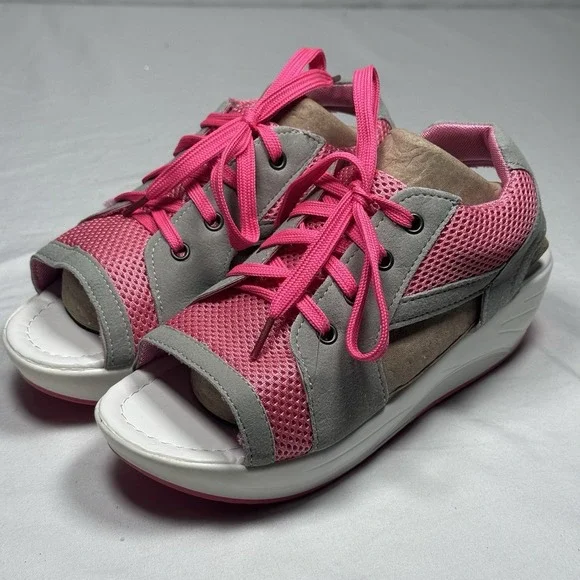 Womens Platform Sandals Pink Mesh Lace Up Comfort Casual‎ US 8 Wedge