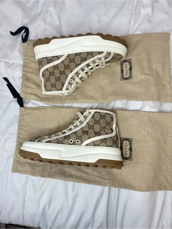Gucci Beige GG Supreme High-Top Sneakers with White Trim and Gum Sole