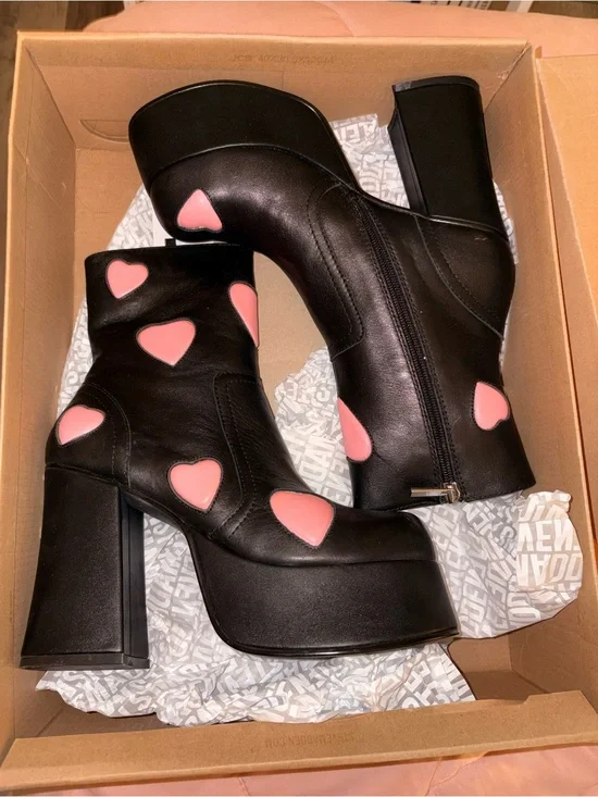 Black Leather Platform Ankle Boots with Pink Heart Accents