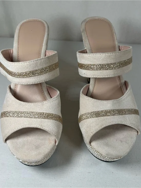 Beige Platform Slide Sandals with Gold Accent
