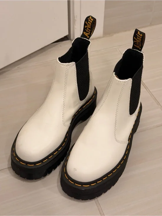 Dr. Martens White Leather Chelsea Platform Boots with Black Soles