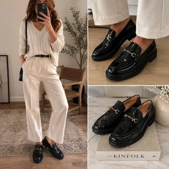Sam Edelman Black Patent Leather Horsebit Lug Sole Loafers Women's Size 9