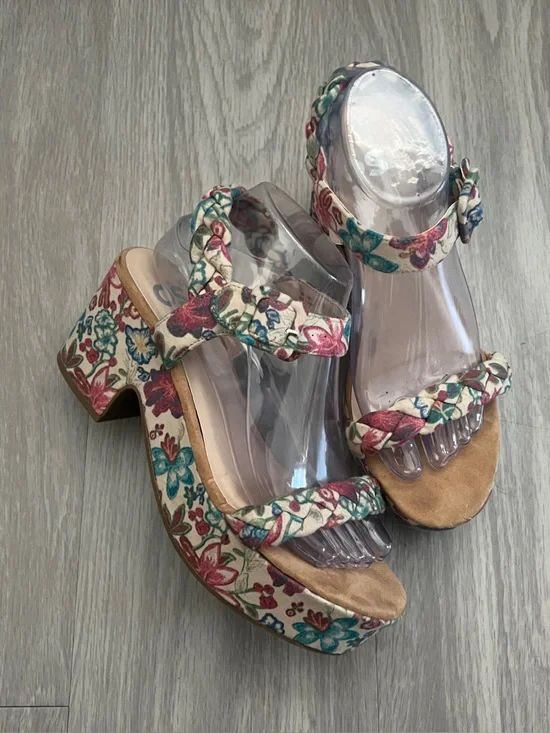 SO Floral Platform Sandals Women’s Size 8 Braided Ankle Strap Block Heel Boho Co