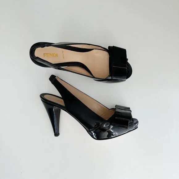 FENDI Women's Black Patent Leather Bow Platform Slingback Pumps Size 36.5 US 6.5