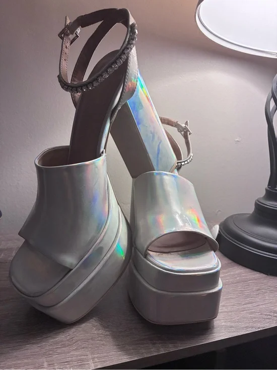 Call It Spring Iridescent Silver Holographic Platform Sandals