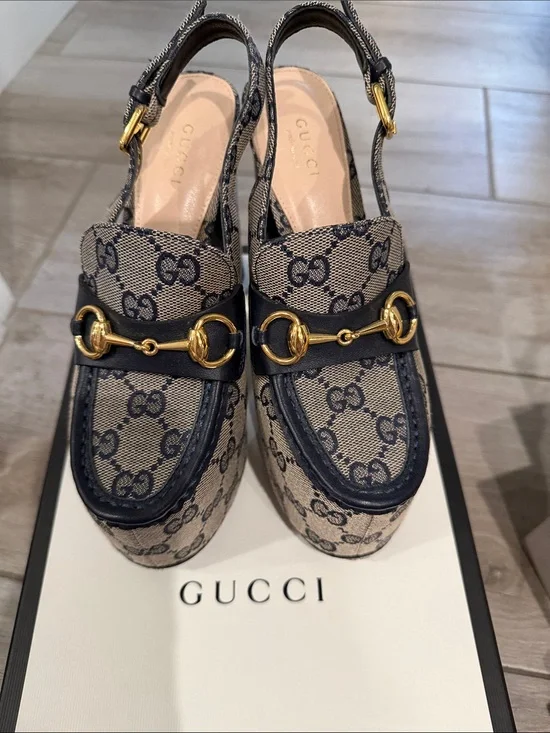 Women's Navy GG Canvas Horsebit Slingback Loafers
