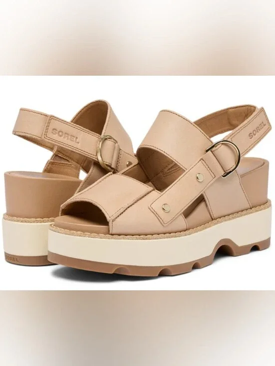Sorel Joanie IV Wedge Honest Beige/Gum Sandals Size 7.5 Like New