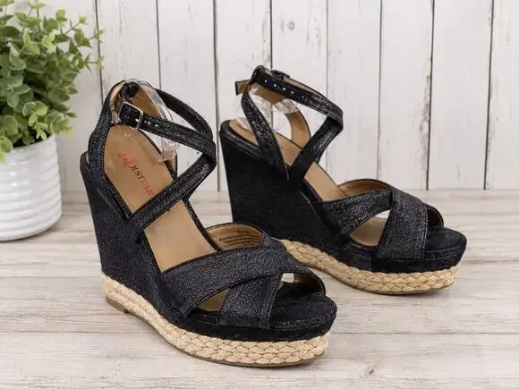 JustFab metallic black canvas cross strap platform wedges braided buckle. Sz 9