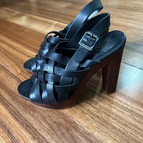 Vince Camuto Black Leather Woven Platform Block Heel Slingback Sandals 8.5M