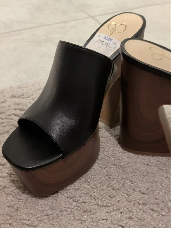Jessica Simpson Black Platform Slide Sandals with Wood-Look Block Heel