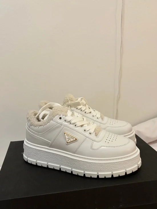 PRADA Downtown Shearling-Lined Leather Platform Sneakers